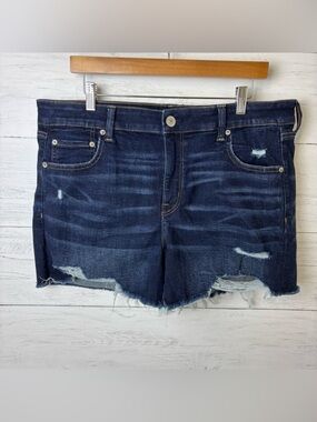American Eagle Midi Cutoff Denim Shorts Dark Wash Distressed 18 - High Rise